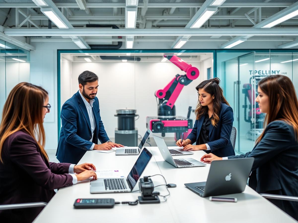 Commercial and technical professionals collaborating with automation and robotics in the background